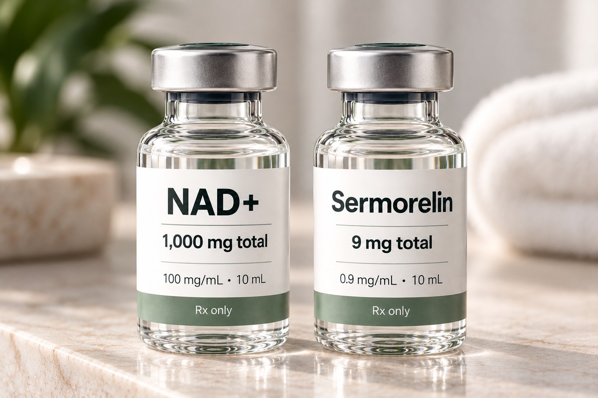 Illustration: two small clear glass vials side by side with silver caps and white labels with a green band, one reading NAD+ 1,000 mg total and one reading Sermorelin 9 mg total, on a light stone counter.