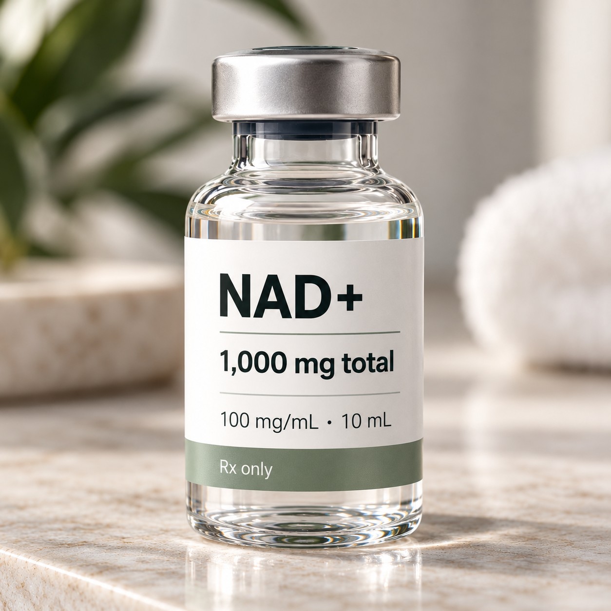 Illustration: a small clear glass vial with a silver cap and a white label with a green band, reading NAD+, 1,000 mg total, 100 mg/mL · 10 mL, Rx only, on a light stone counter.